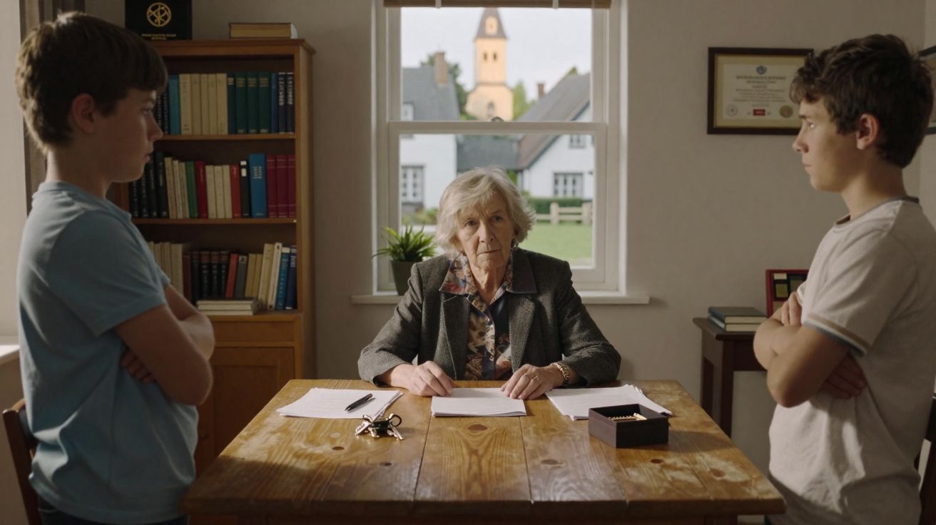 Idosa com expressão séria sentada numa mesa entre dois rapazes de braços cruzados, numa sala iluminada.