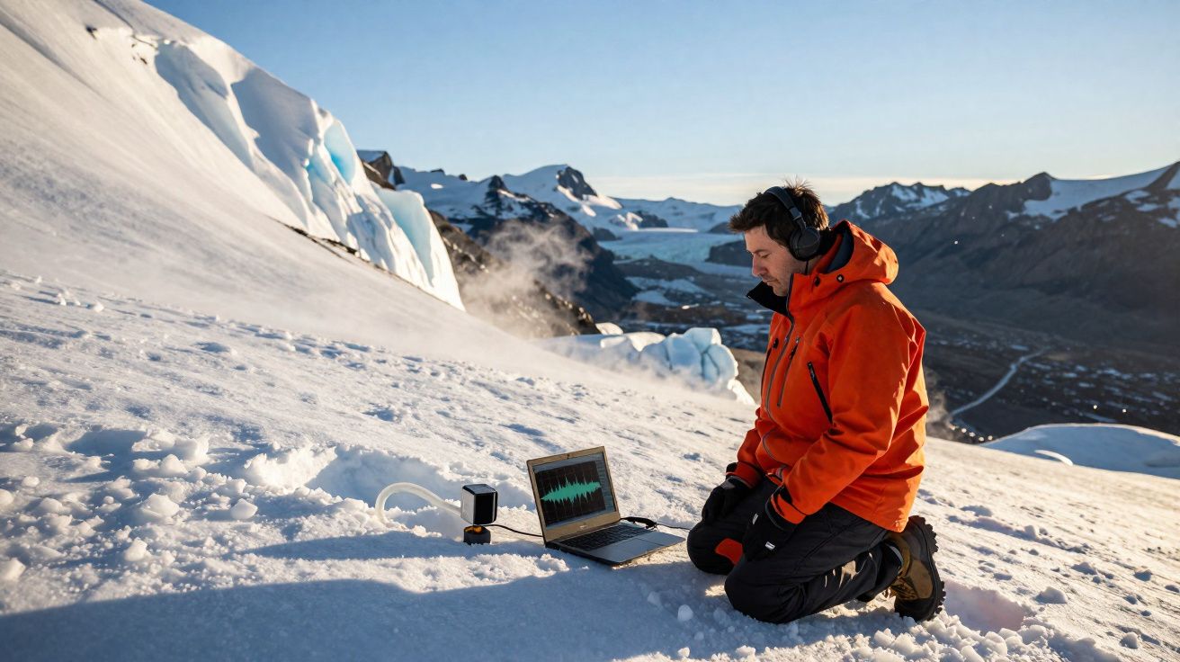 Homem com fato de neve e auscultadores grava sons na neve com laptop num ambiente montanhoso gelado.