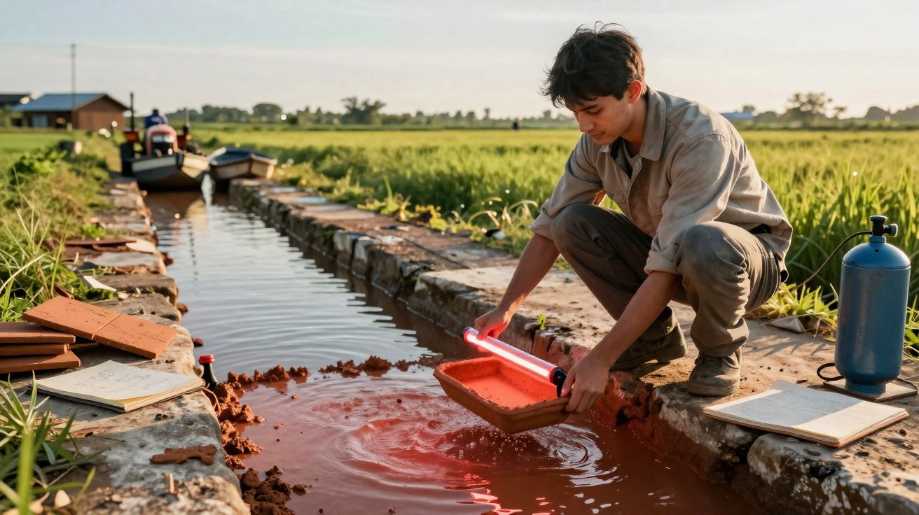 Jovem com roupa de trabalho examina lama vermelha num canal numa zona rural ao entardecer.