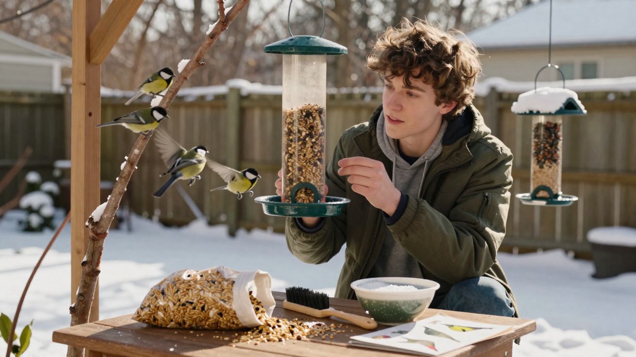 Rapaz alimenta pássaros num alimentador no jardim coberto de neve.