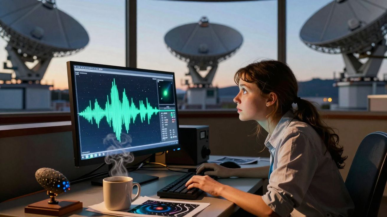 Mulher a analisar dados de ondas sonoras no ecrã, com antenas parabólicas ao fundo ao pôr do sol.