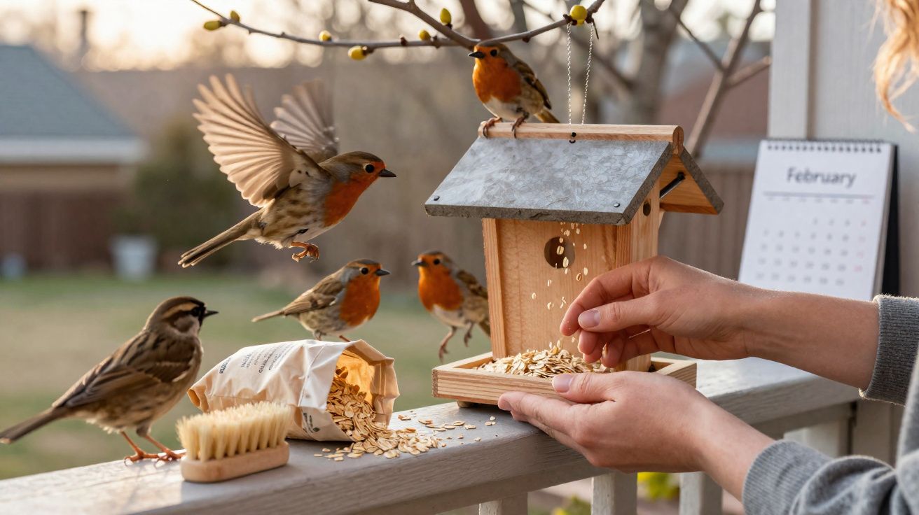 Pessoas a alimentar pequenos pássaros numa varanda com comedouro e ave em voo ao nascer do sol.