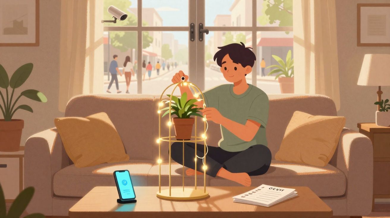Pessoa sentada no sofá em sala iluminada, a cuidar de uma planta com luzes decorativas ao redor.
