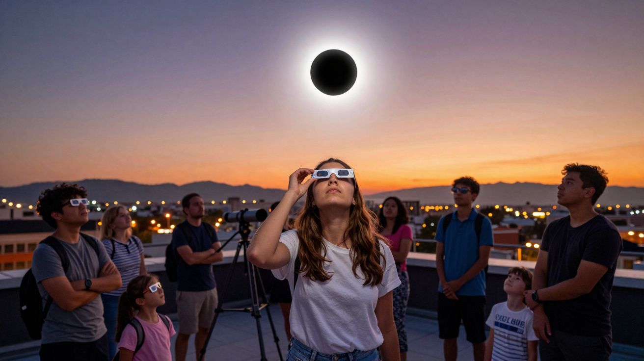 Grupo de pessoas em telhado a observar eclipse solar com óculos especiais ao pôr do sol.