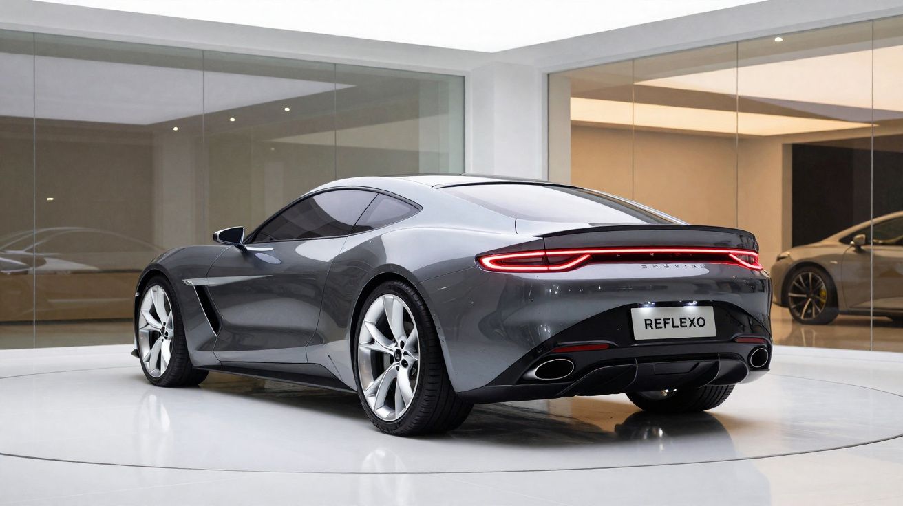 Carro desportivo cinza escuro com linhas aerodinâmicas estacionado em espaço moderno e minimalista.