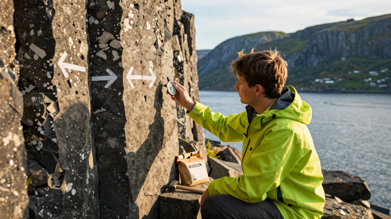 Homem com casaco verde usa bússola junto a rochas negras com setas brancas perto de um lago e montanhas.