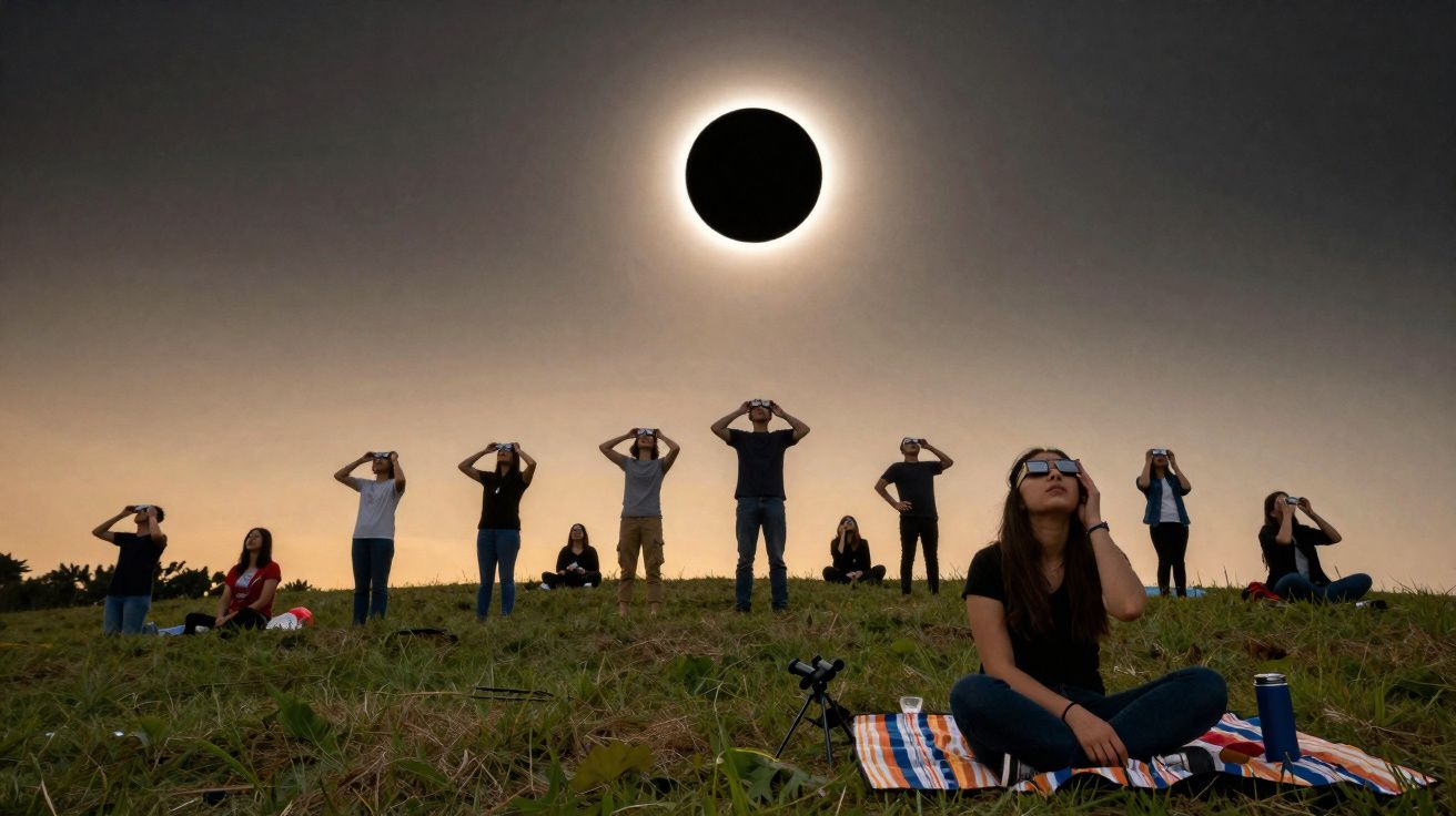 Grupo de pessoas a observar eclipse solar total com óculos especiais num campo ao entardecer.