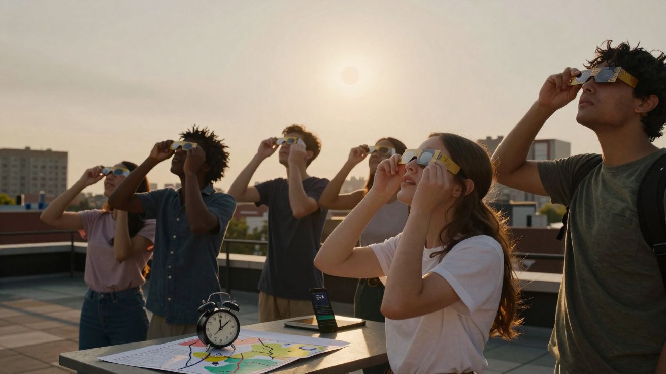 Grupo de jovens observam o céu com óculos especiais durante um eclipse solar ao pôr do sol numa esplanada.