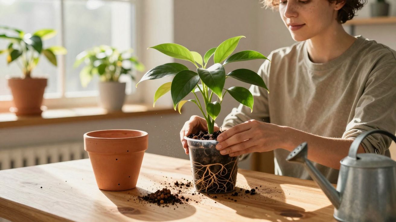 Pessoa transplantando planta para vaso de barro numa mesa com regador metálico junto a janela iluminada.