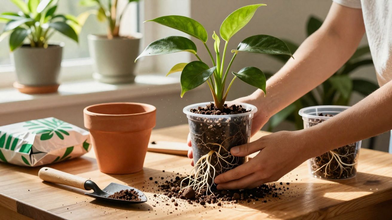 Mãos transplantam planta jovem de vaso de plástico para vaso de barro numa mesa com terra e ferramentas.