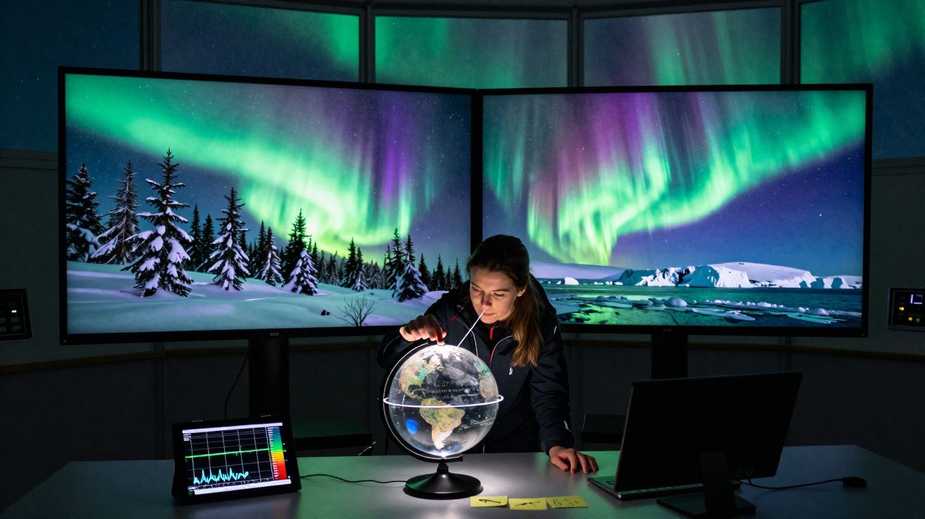 Mulher a estudar globo terrestre com ecrãs de aurora boreal ao fundo num ambiente escuro e tecnológico.