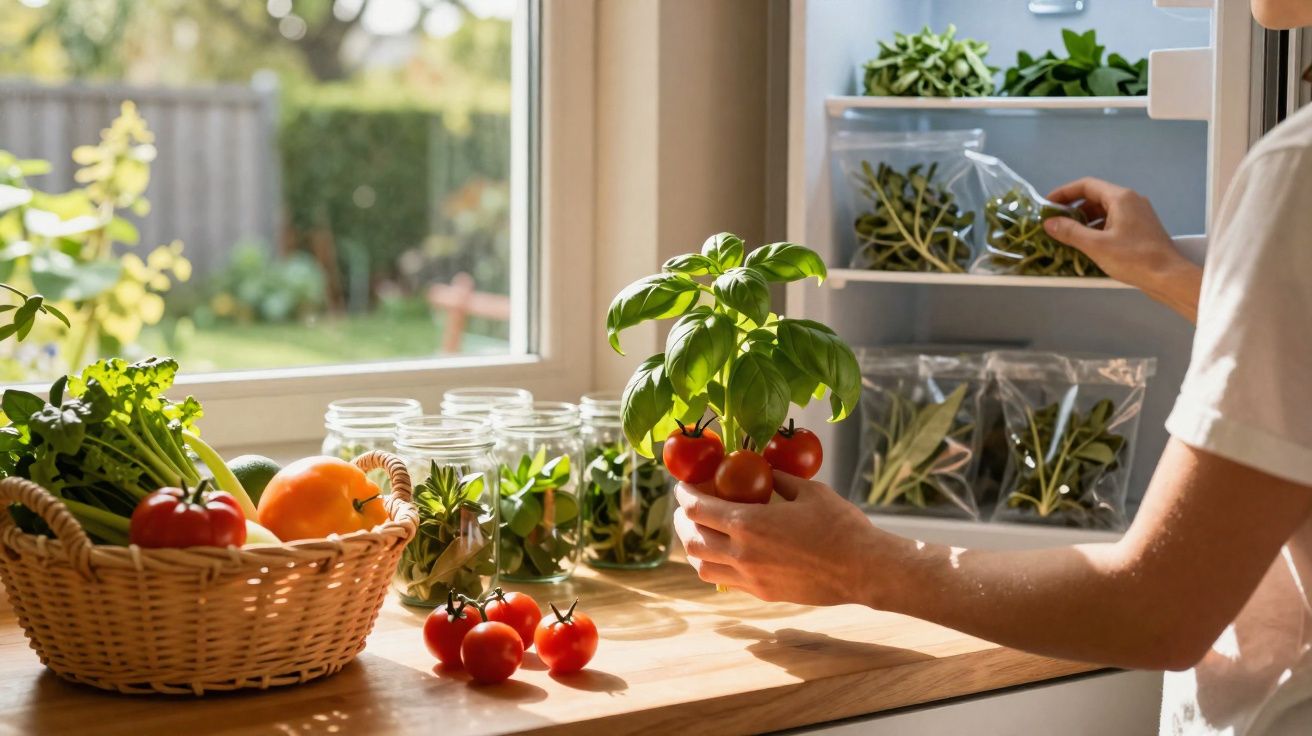Pessoa a guardar manjericão e tomate cherry na despensa junto a cesta e frascos com ervas frescas.