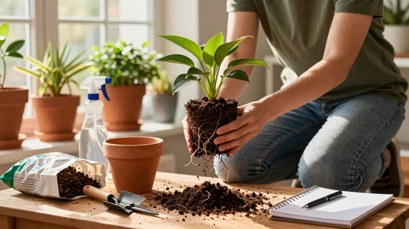 Pessoa a transplantar planta com terra em vaso dentro de casa junto a ferramentas de jardinagem e caderno.