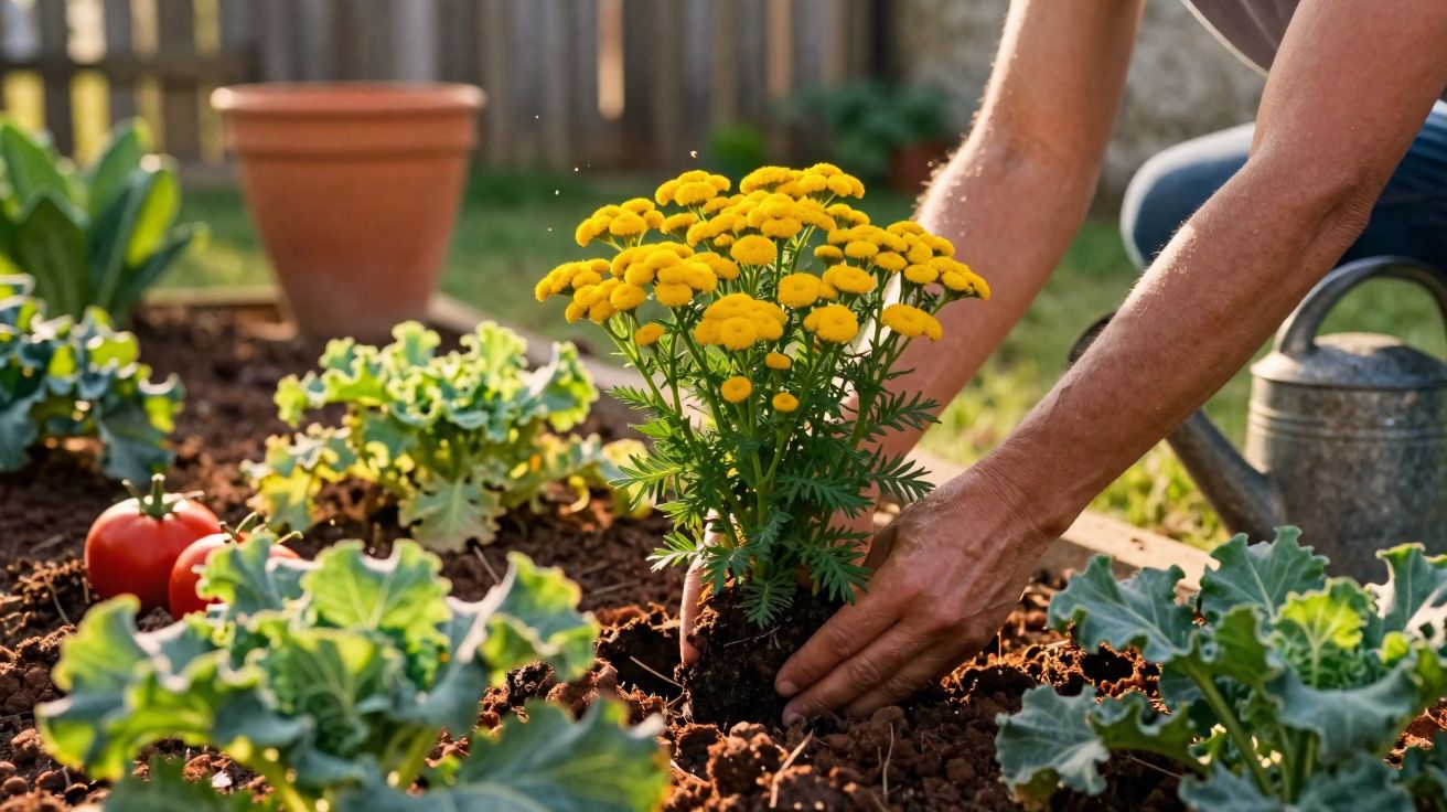 Pessoa a plantar flores amarelas num jardim com tomateiros e regador ao lado.