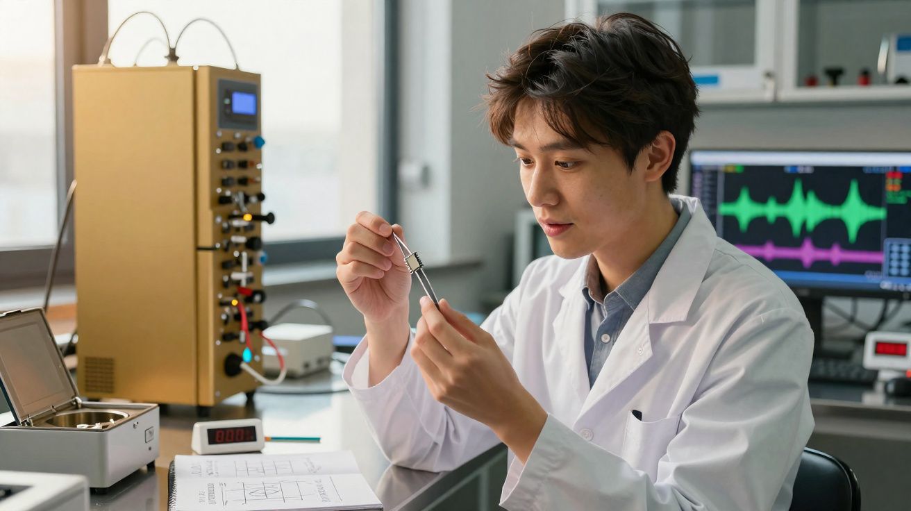 Cientista com bata branca a examinar amostra em laboratório com equipamentos eletrónicos e computador ao fundo.