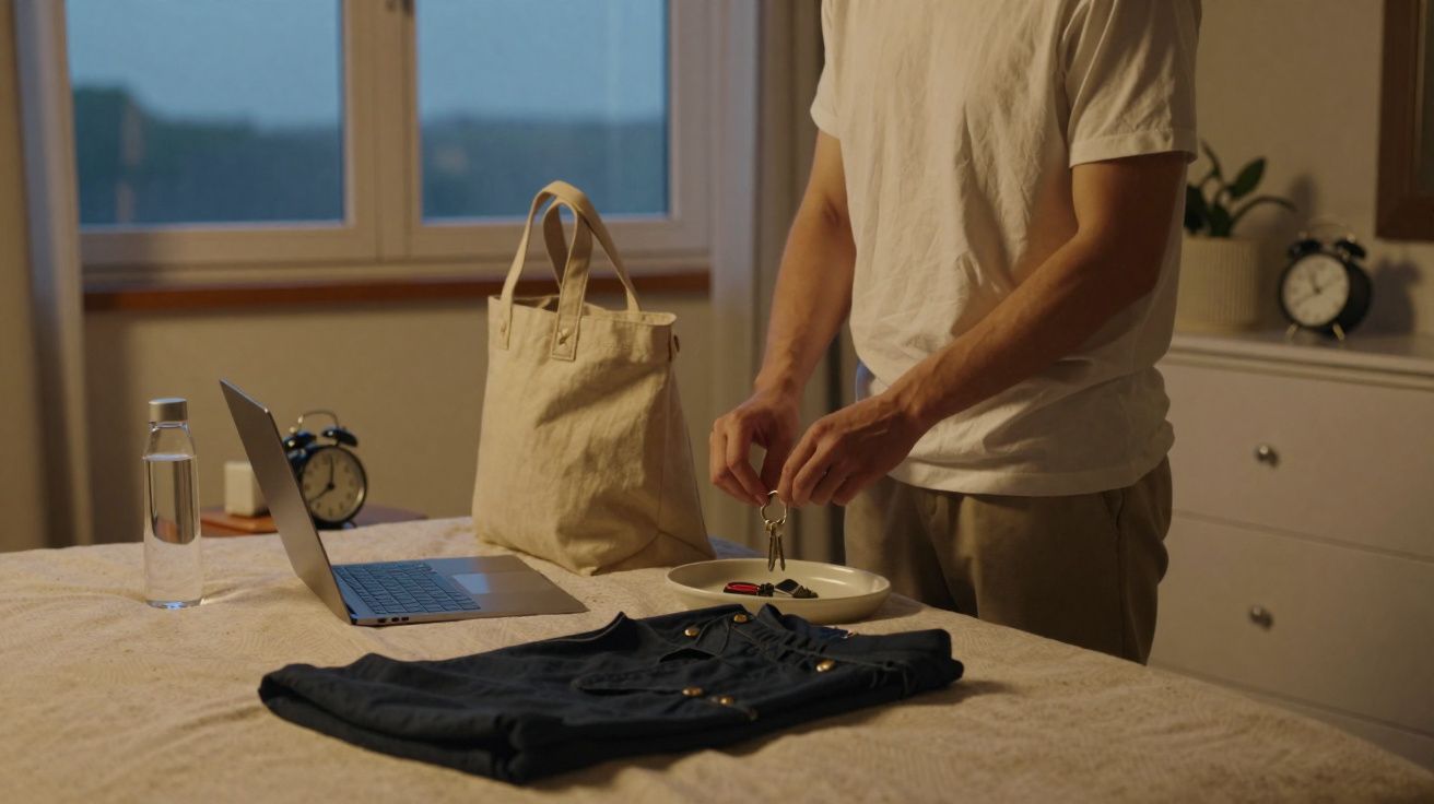 Pessoa a colocar chaves num prato numa cama com computador portátil, garrafa de água e roupa dobrada.