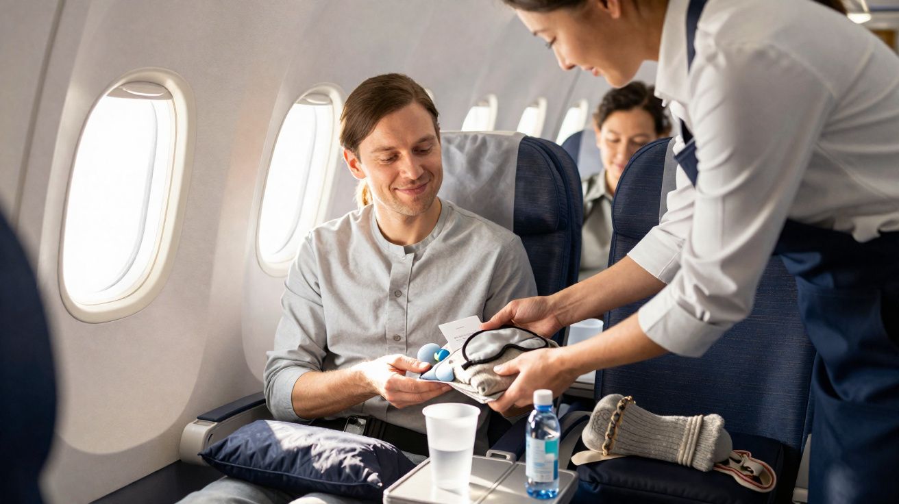 Comissária de bordo entrega kit de conforto a passageiro sentado junto à janela do avião.