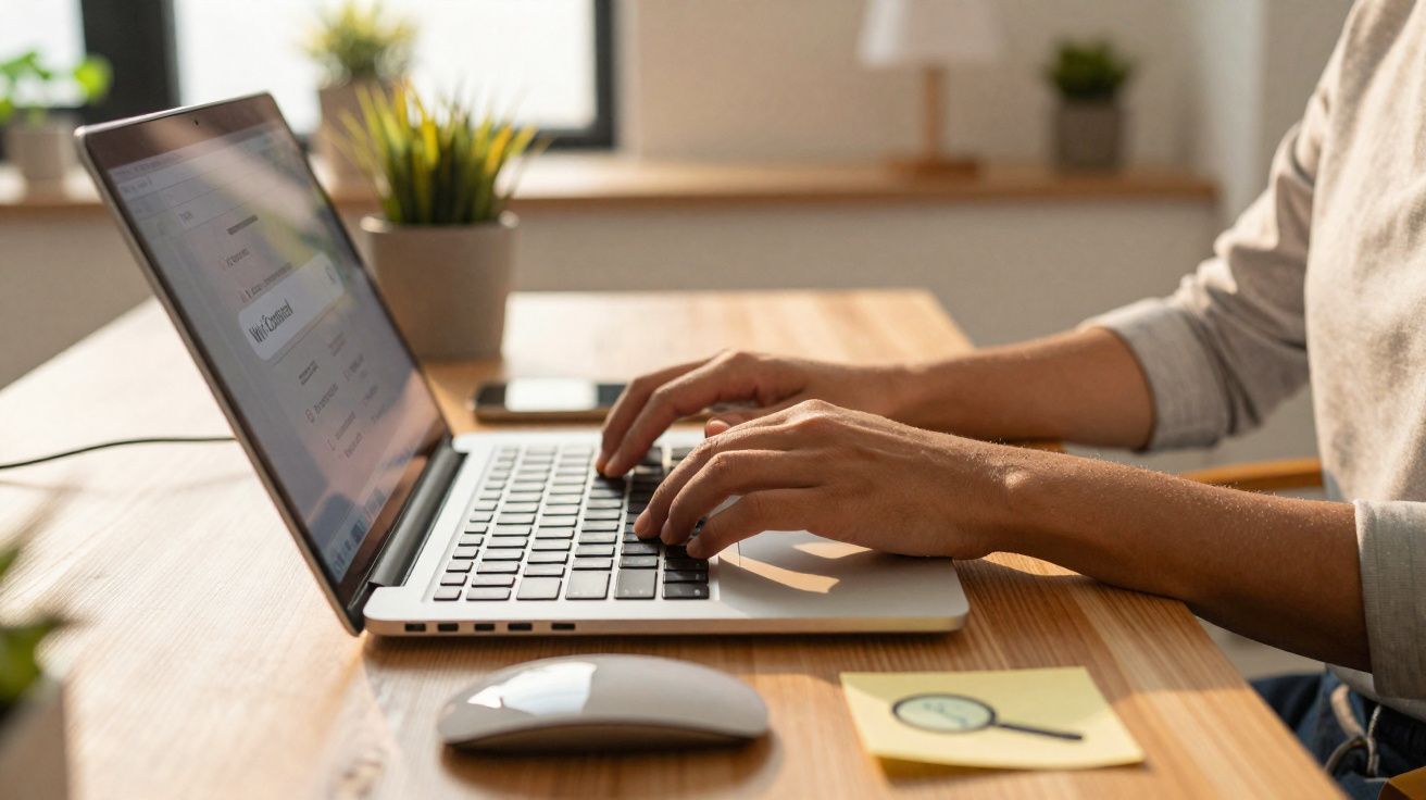 Mãos a escrever num portátil sobre uma mesa de madeira com rato, telemóvel e planta em fundo desfocado.