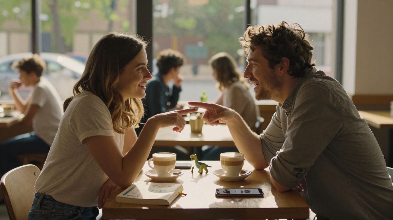 Casal sorridente a tocar os dedos em café, com bebidas, livro e telemóvel na mesa.
