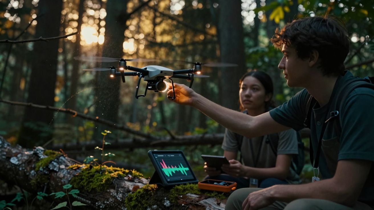 Pessoa a segurar drone num bosque, com tablet e equipamento tecnológico sobre tronco coberto de musgo.