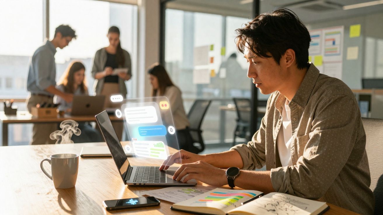 Homem a trabalhar num escritório moderno com laptop e mensagens digitais enquanto colegas discutem ao fundo.