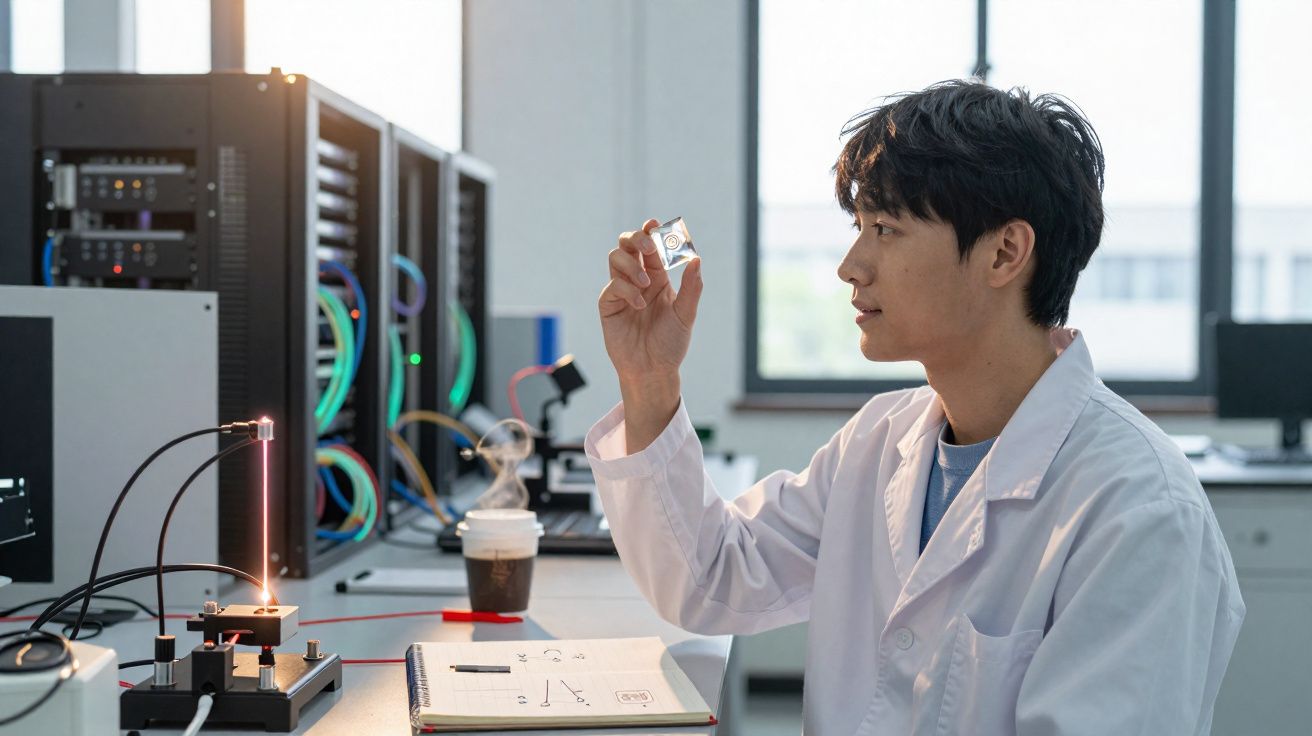 Jovem cientista de bata branca observa um cubo transparente num laboratório moderno com equipamentos técnicos.