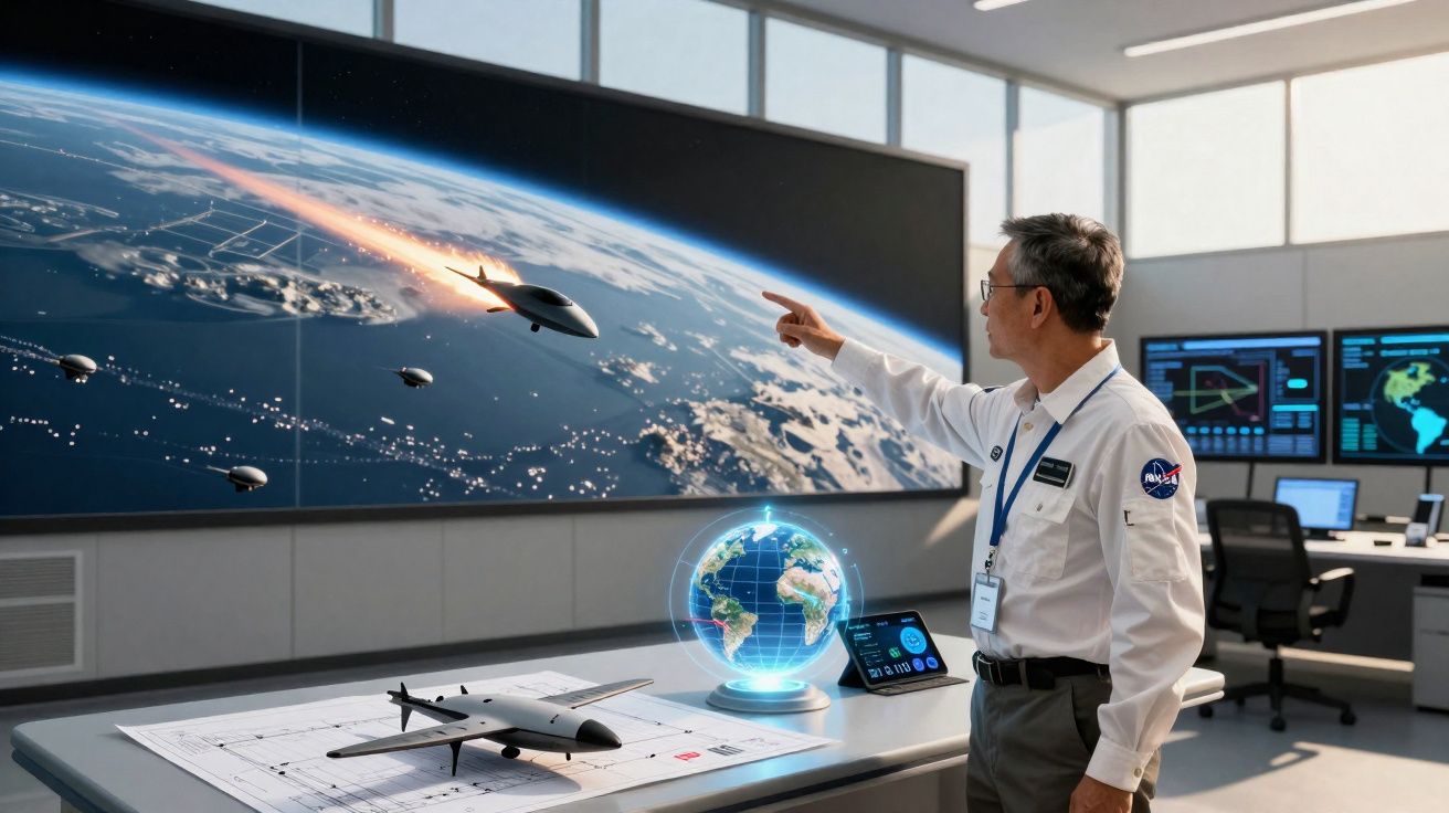 Homem numa sala de controlo da NASA observa e aponta para ecrã com imagens de naves e Terra em segundo plano.