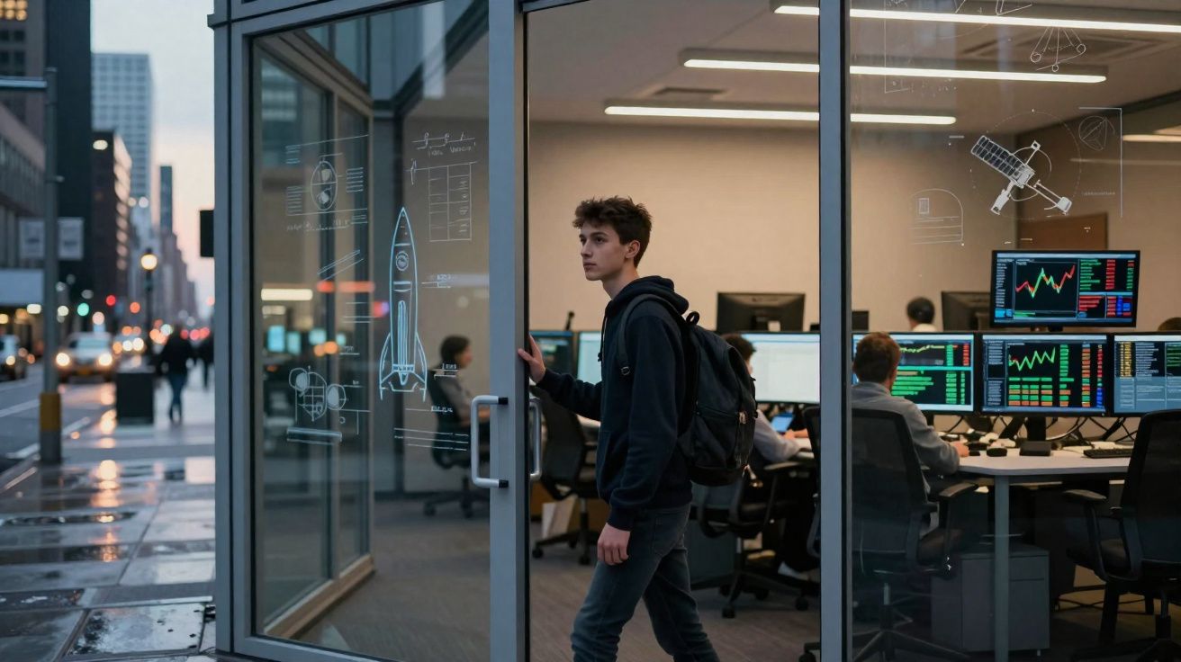 Jovem com mochila a abrir porta de escritório moderno com gráficos e desenhos de foguete na porta de vidro.