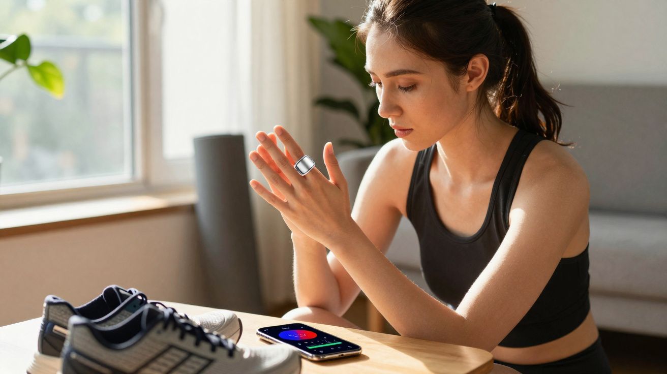 Mulher jovem em roupa desportiva a usar anel inteligente para acompanhar treino junto a telemóvel e ténis.