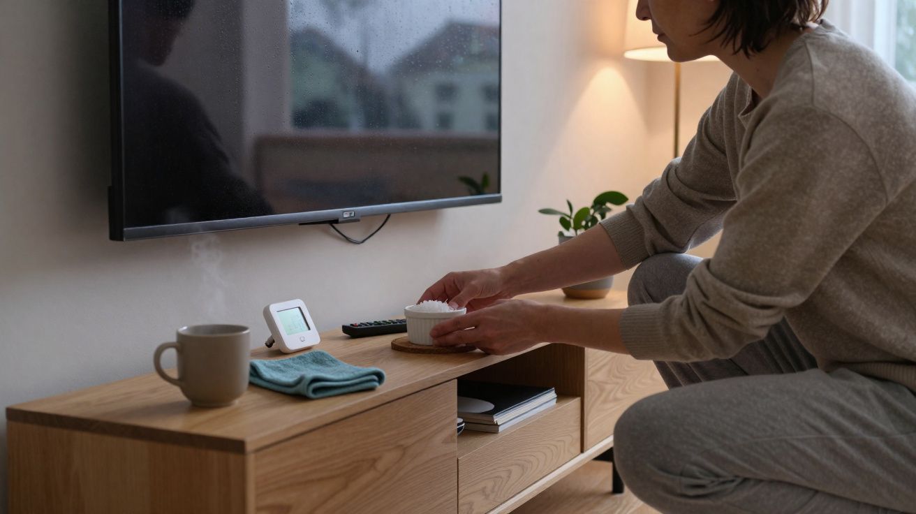 Pessoa a colocar um difusor aromático numa mesa de madeira numa sala com televisão e luminária.