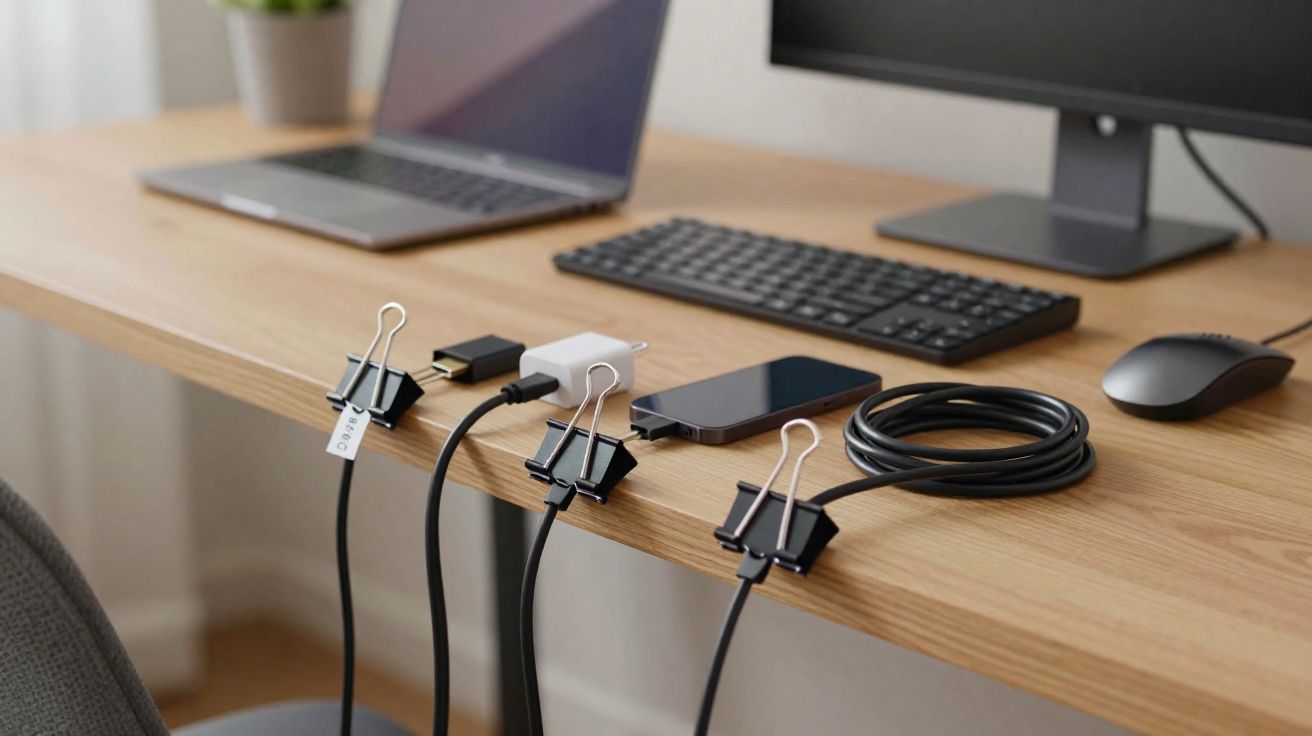 Mesa de trabalho com laptop, teclado, rato, smartphone e cabos presos com molas pretas na borda da mesa.