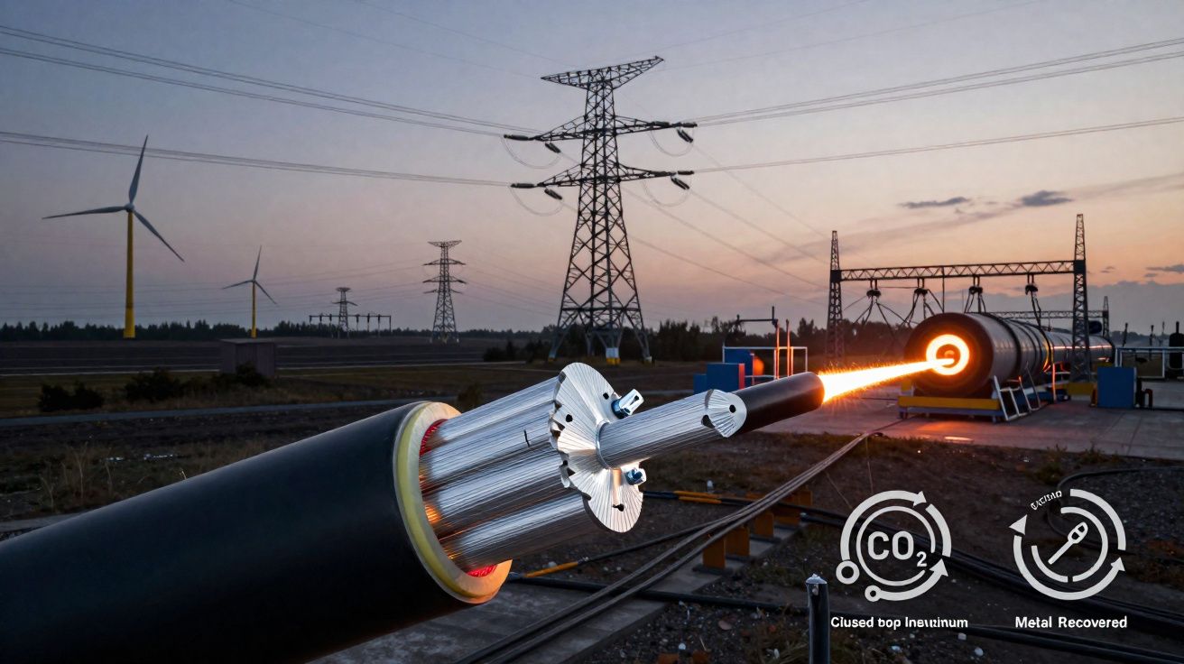 Cabo elétrico de alta tensão com recuperação de metal e redução de CO2 ao pôr do sol em zona industrial.