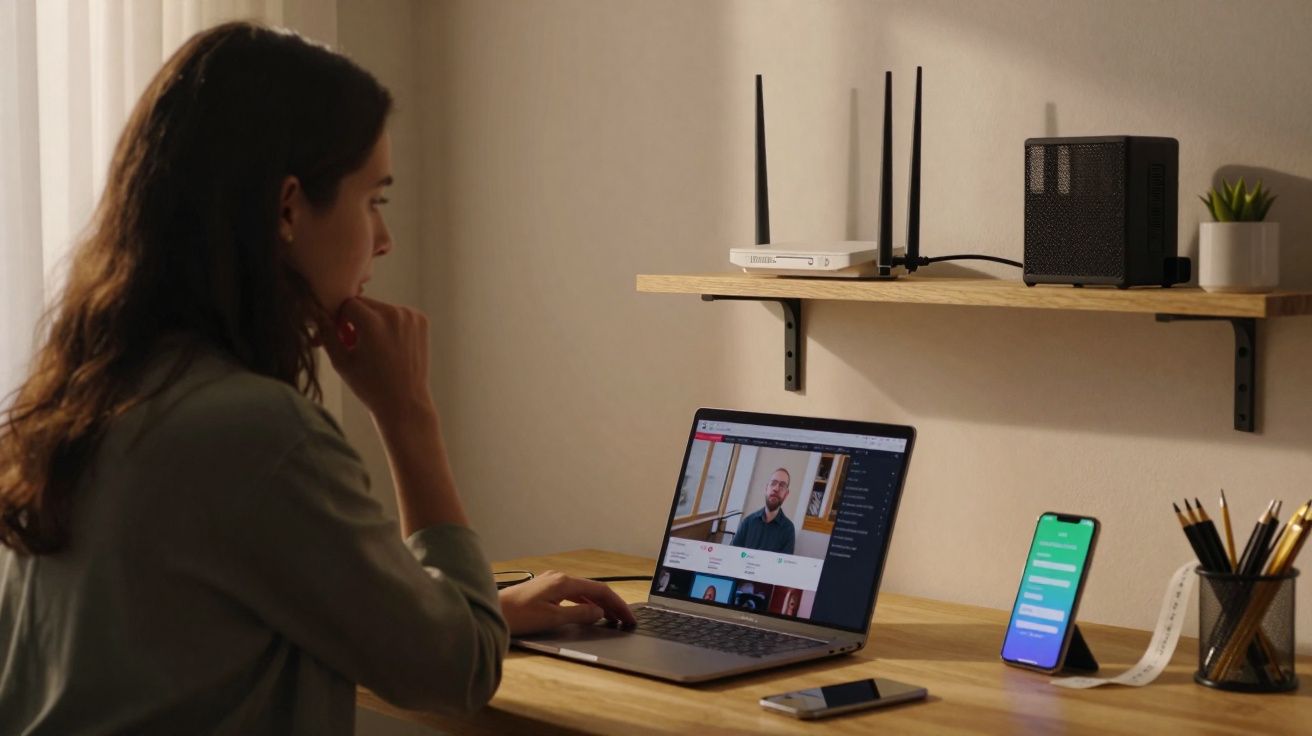 Mulher sentada a trabalhar num portátil numa secretária com smartphone e estante com router e planta.