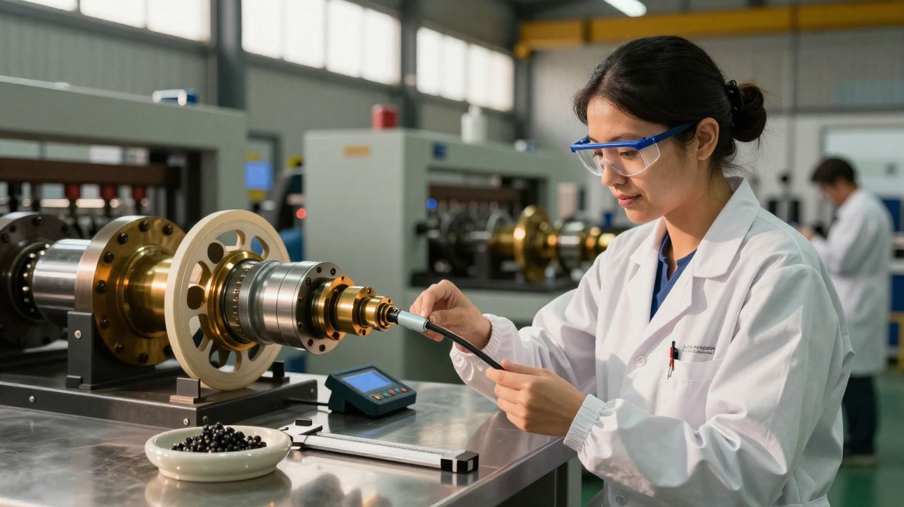 Mulher com bata branca e óculos de proteção trabalha num laboratório com equipamento industrial.