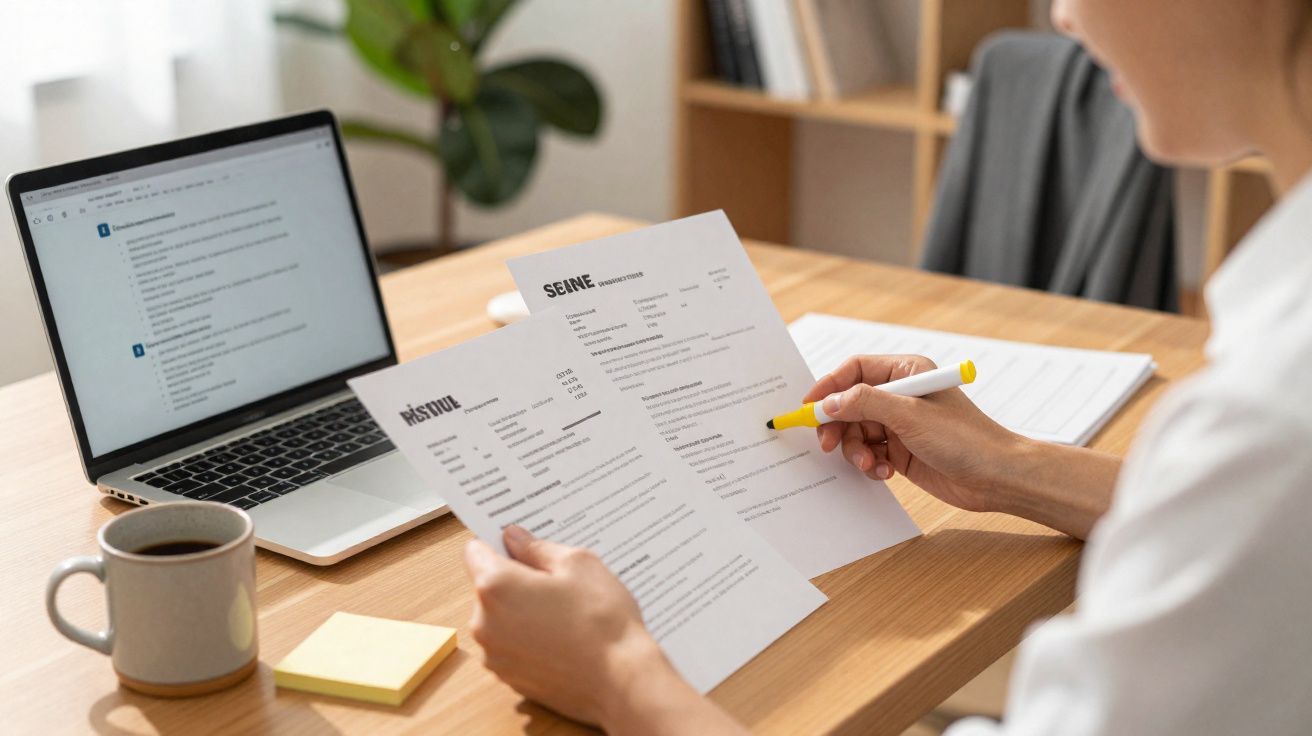 Pessoa a analisar currículos e a fazer apontamentos com caneta amarela junto a computador portátil e chávena de café.