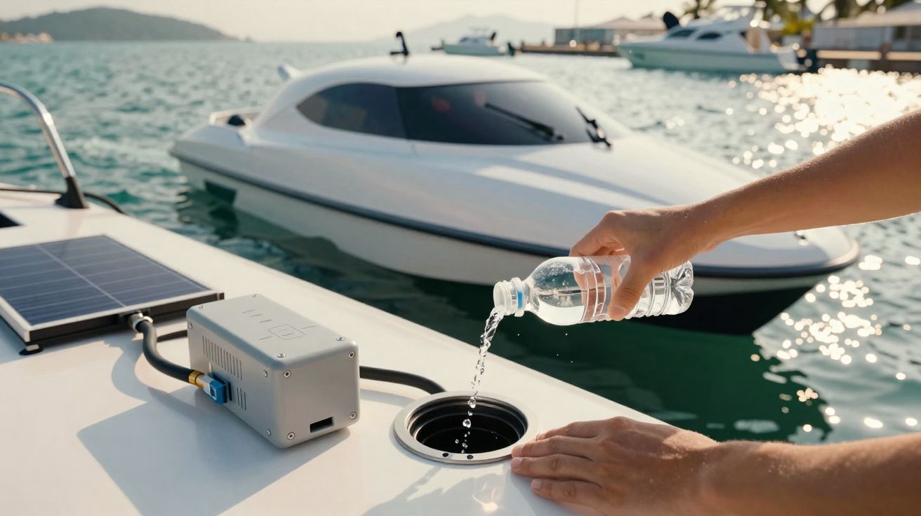 Pessoa a despejar água numa abertura de barco elétrico com painel solar no convés, num porto ao fim da tarde.