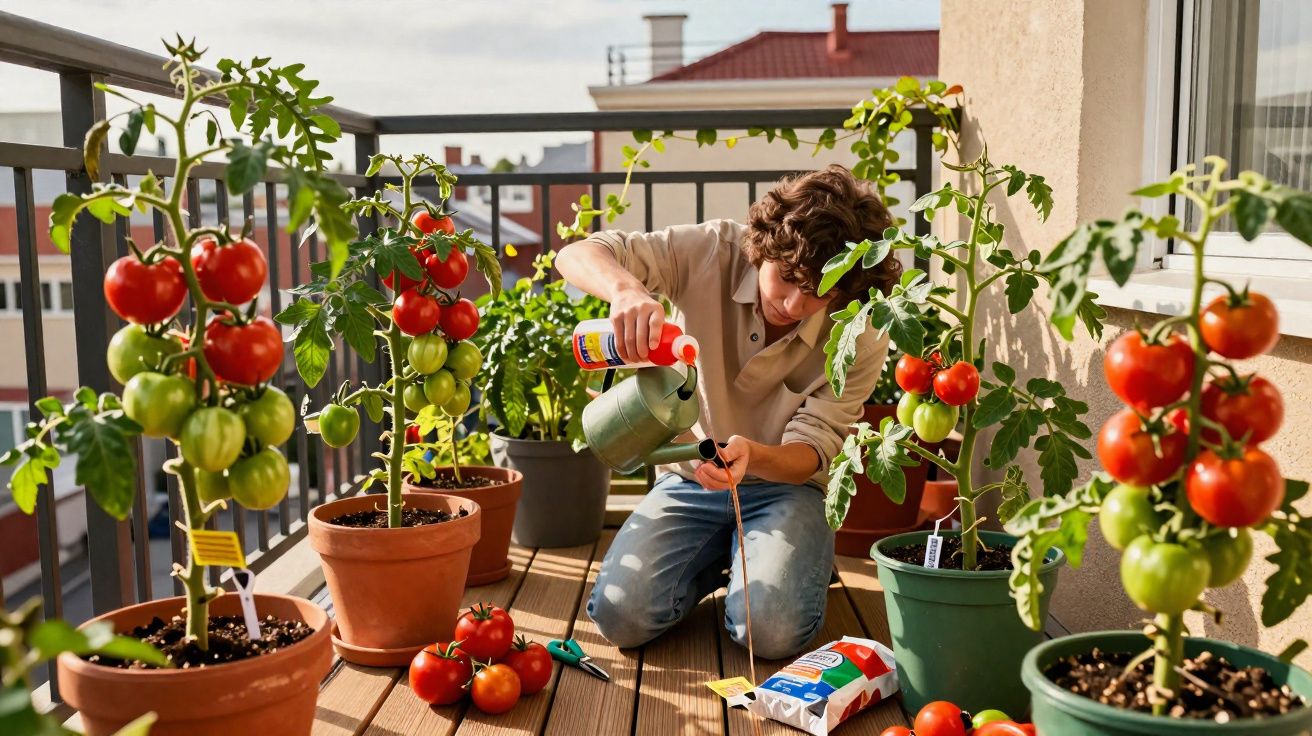 Rapaz a cuidar de tomateiras em vasos num terraço urbano ensolarado, com frutos vermelhos e verdes.