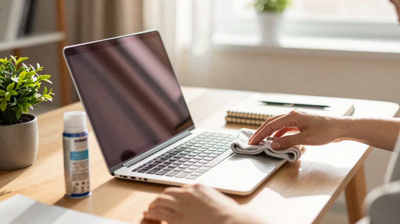 Pessoa a limpar teclado de portátil com pano numa mesa de madeira iluminada por luz natural.
