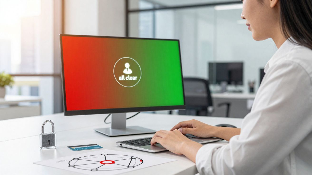 Pessoa a trabalhar num computador com ecrã a mostrar mensagem "all clear" e cadeado numa secretária.