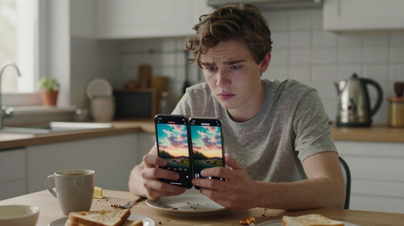 Jovem sentado à mesa na cozinha, olhando preocupado para dois telemóveis com a mesma imagem.