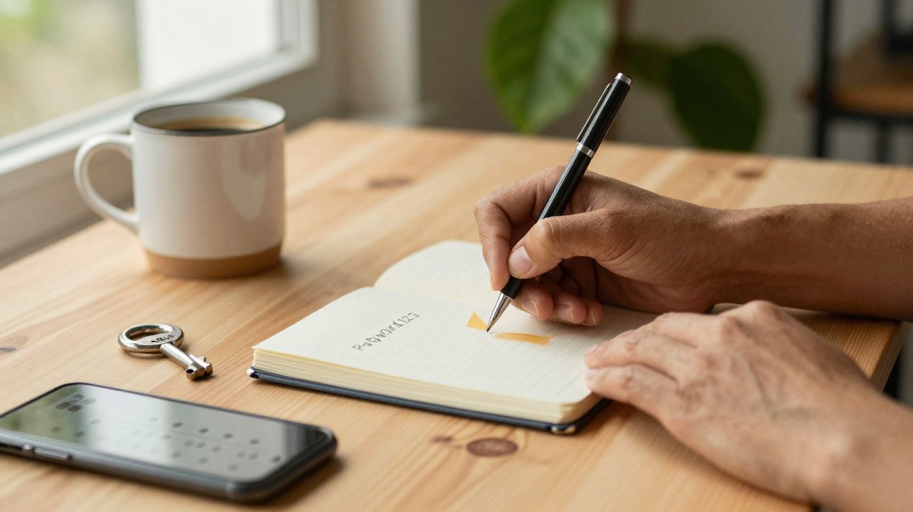 Pessoa a escrever numa agenda com a palavra "password123", com uma chávena, chave e telemóvel numa mesa de madeira.