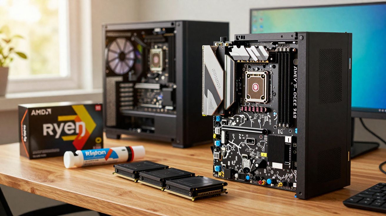 Computador aberto em mesa com placa-mãe exposta, processador AMD Ryzen, pasta térmica e SSDs M.2 alinhados.