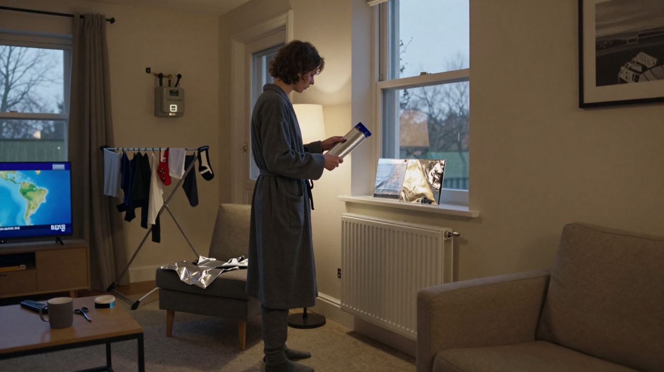 Pessoa de roupão a ler embalagem perto de janela numa sala com candeeiro, roupa a secar e televisão ligada.
