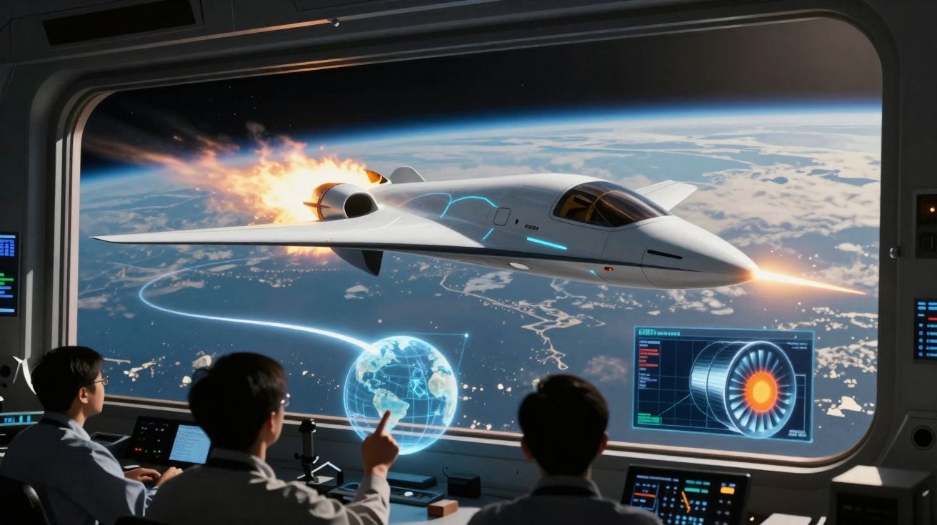 Três pessoas observam uma nave futurista a voar no espaço com Terra visível ao fundo através de grande janela.