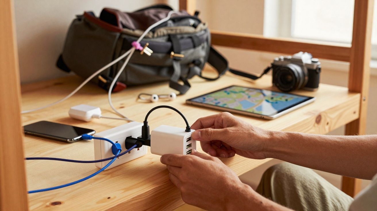 Mãos a ligar carregador USB a régua de tomadas numa mesa com tablet, telemóvel, auriculares e mochila ao fundo.