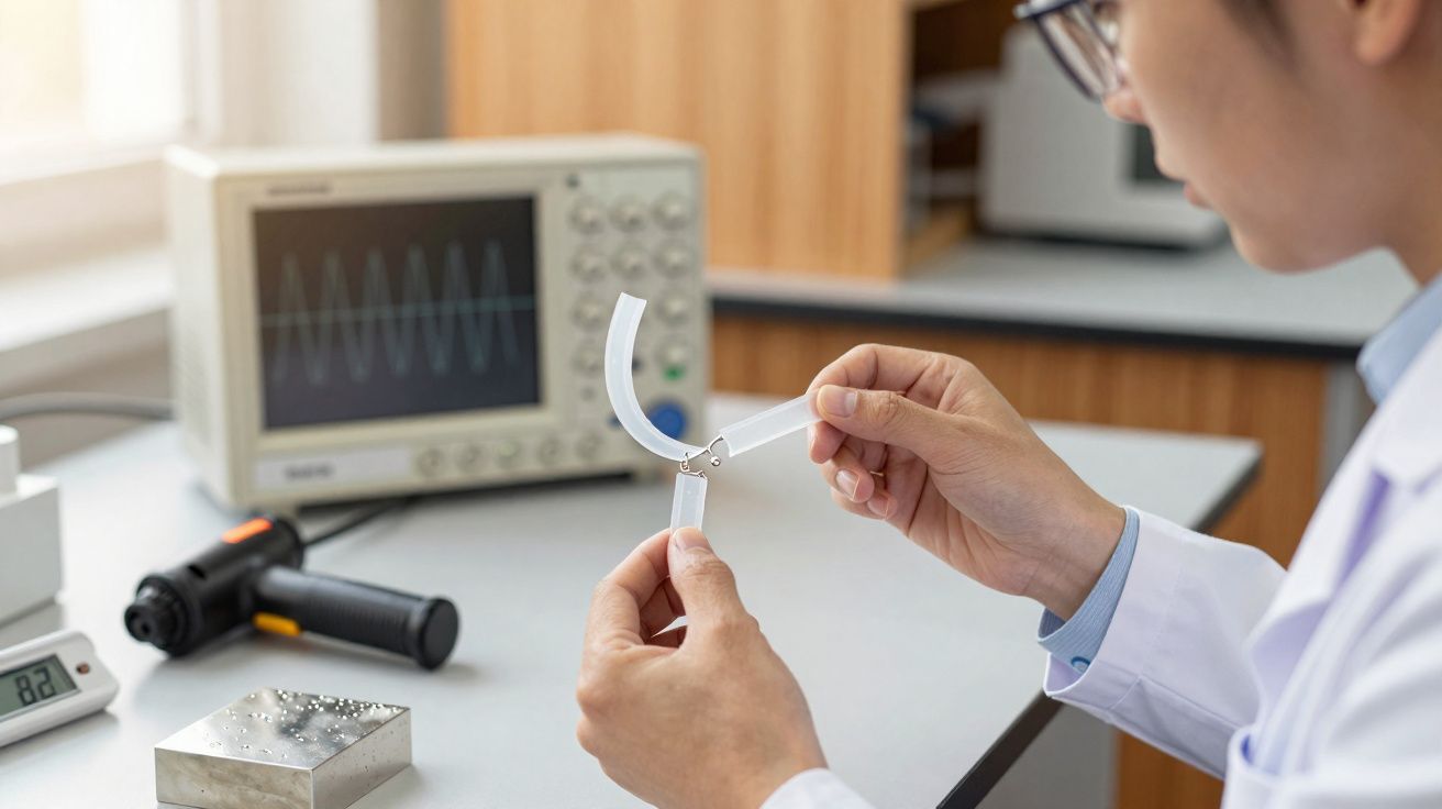 Pessoa em bata branca a manipular equipamento de laboratório com monitor e dispositivos técnicos ao fundo.