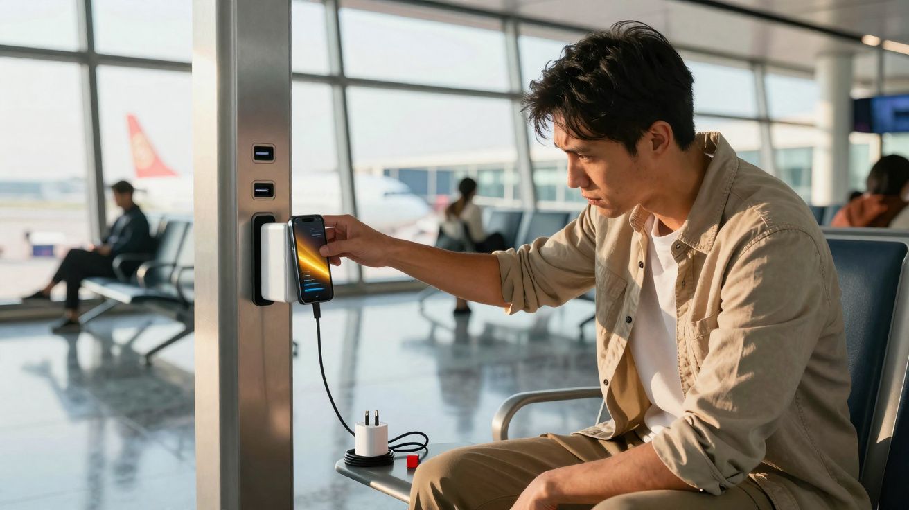Homem sentado no aeroporto a carregar o telemóvel numa tomada de parede.