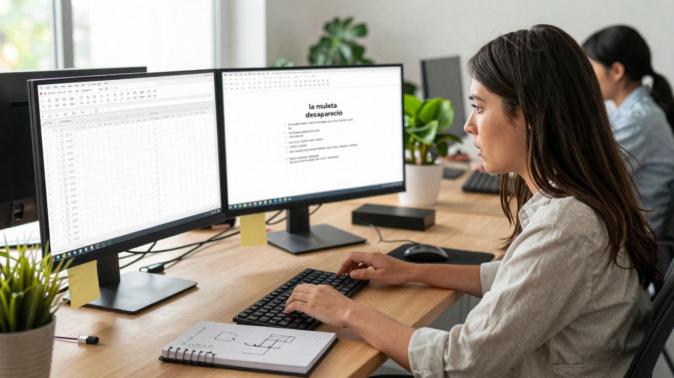 Mulher a trabalhar num escritório com dois monitores e um bloco de notas numa secretária de madeira clara.