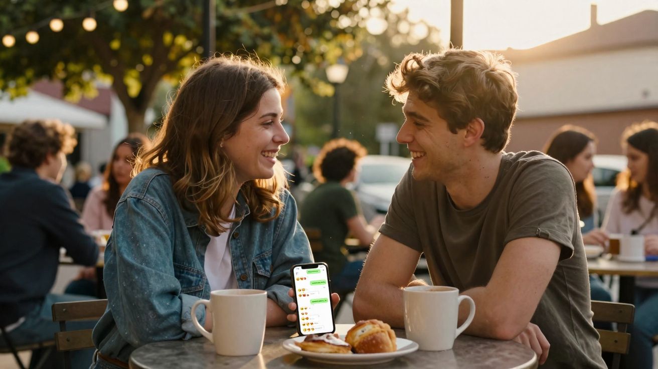 Casal jovem a conversar e sorrir numa esplanada, com duas canecas e um smartphone visível na mesa.