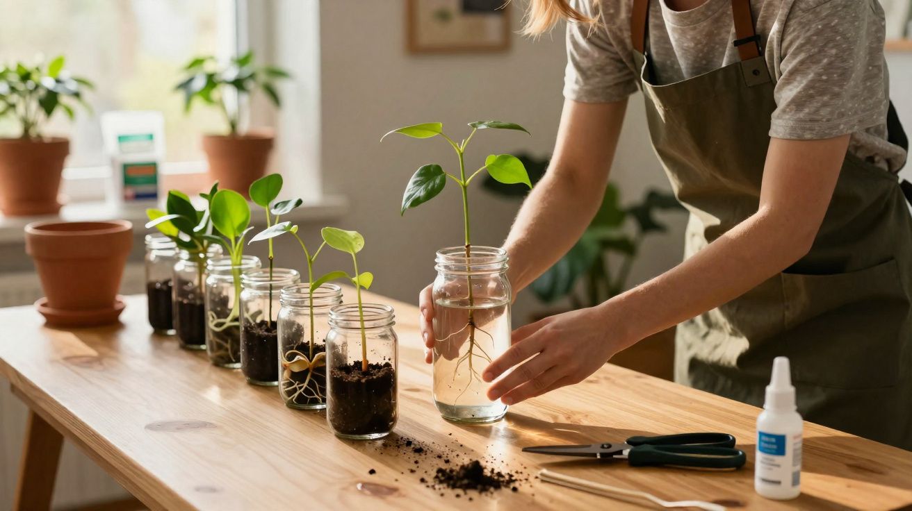 Pessoa com avental a transplantar plantas jovens em frascos de vidro numa mesa de madeira perto de janela iluminada.